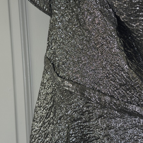 Mac Duggal Style #67906 One Shoulder Bow Midi Dress Brocade Metallic Silver - Picture 10 of 13